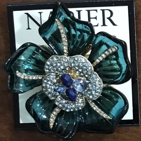 Napier Jewelry - NAPIER Retro Dimensional Flower Gold Teal Acrylic Blue/Clear Crystal Brooch Pin